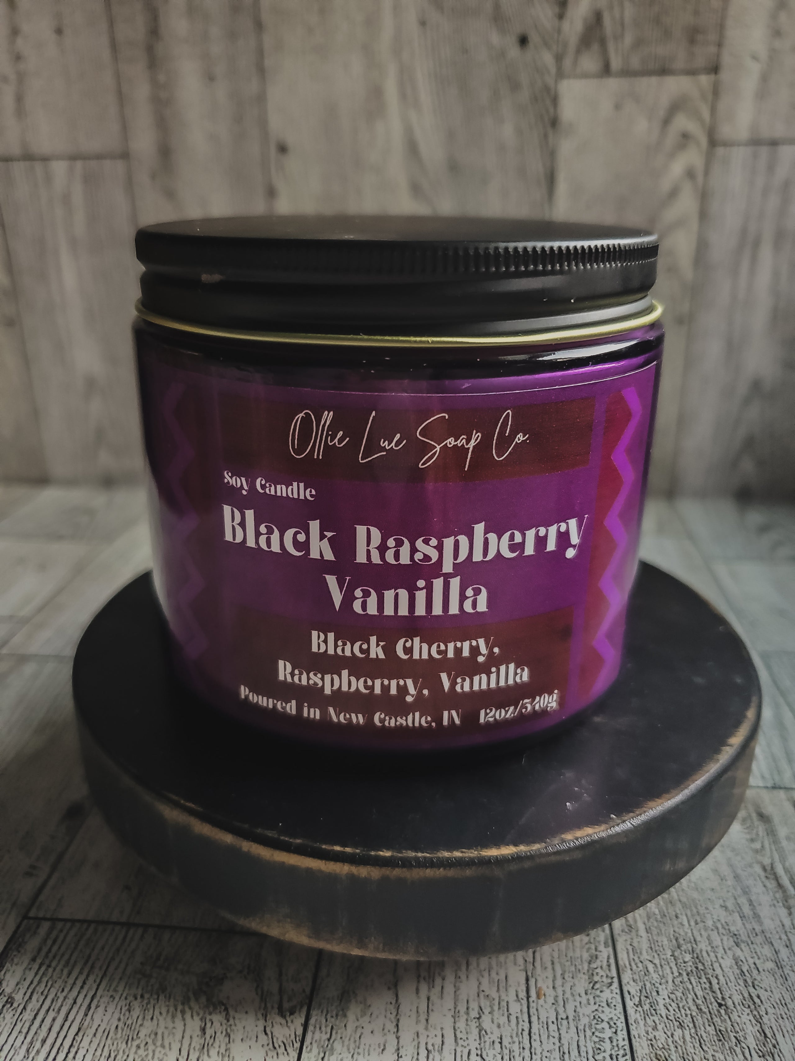 Black Raspberry Vanilla Colored Glass Candle Ollie Lue Soap Co. LLC